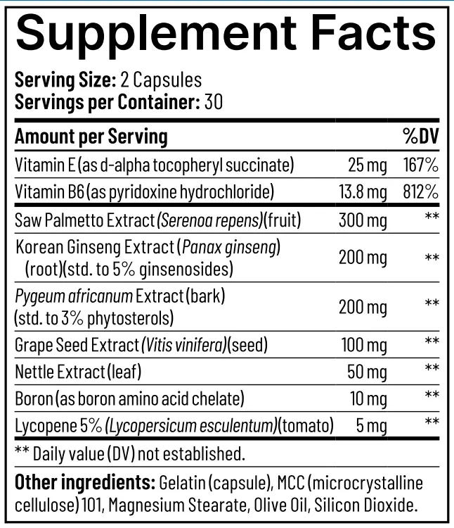 Youthful Prostate Supplement Fact